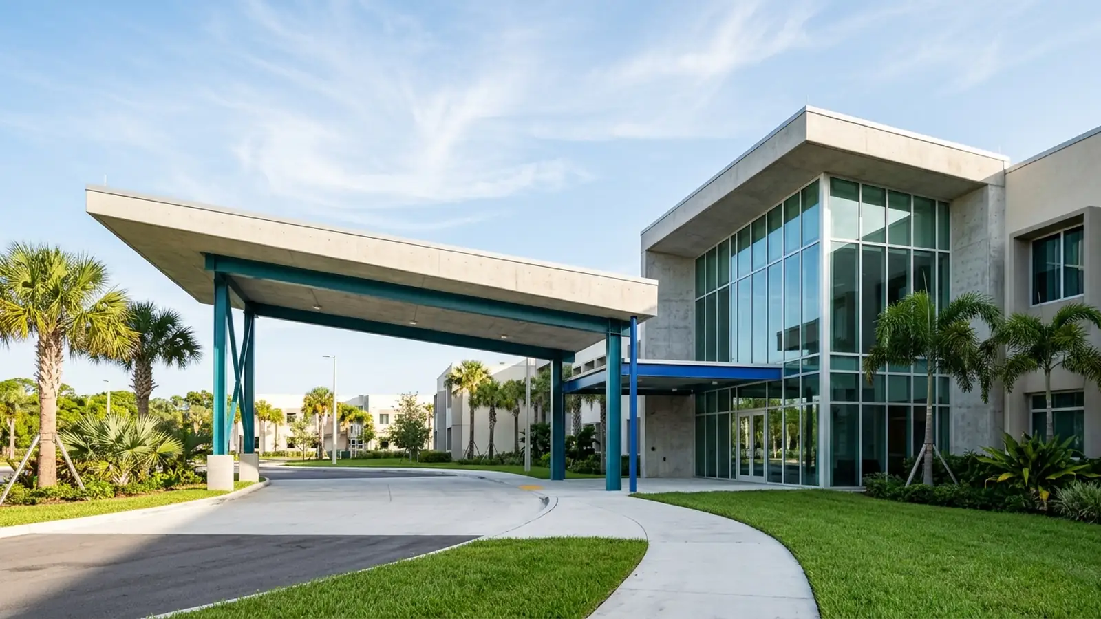 Exterior architectural view of a modern Broward County school arrival canopy and library wing with cobalt structural glass