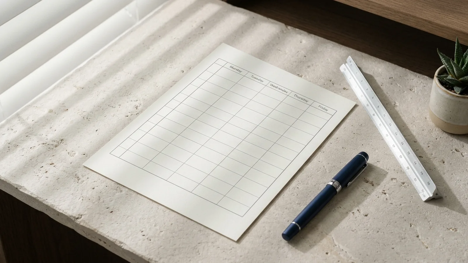 Overhead documentary flat-lay of a Florida 180-day master academic calendar grid and architectural scale ruler on a limestone desk